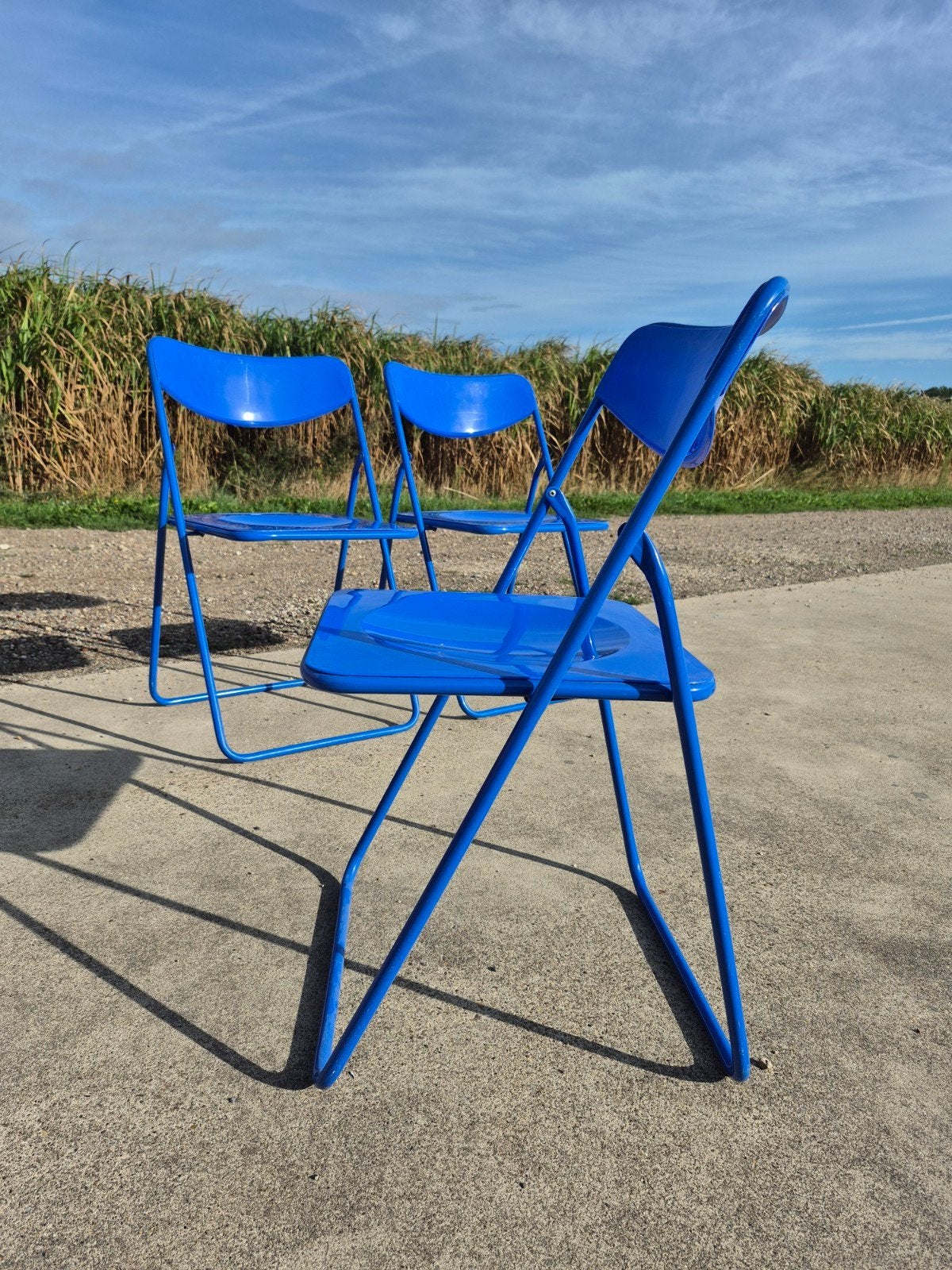 set 3 vintage IKEA TED klapstoelen blauw 1980s, Trois, Synthétique, Comme neuf, Enlèvement