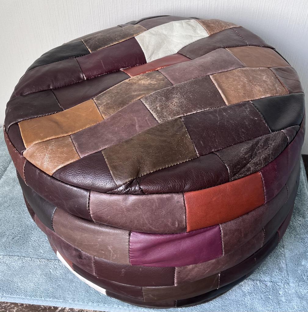 1970's vintage patchwork lederen ottoman poef., Ophalen of Verzenden, Gebruikt, Leer