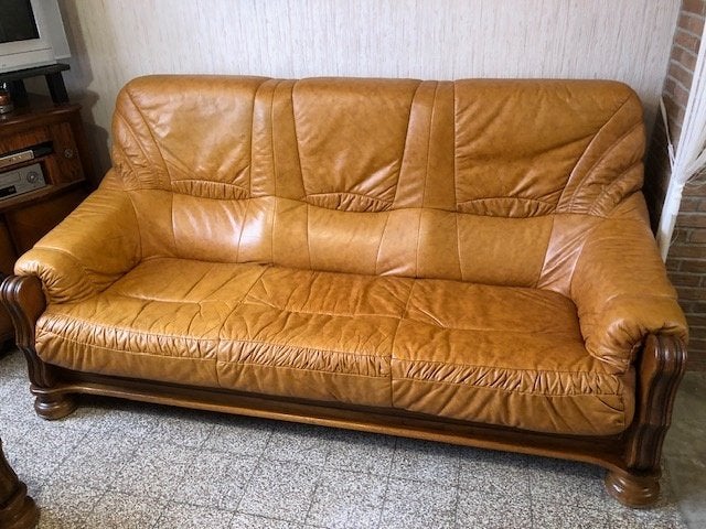 Lounge van massief eikenhout en leer, Ophalen, Zo goed als nieuw, Hout, Salon chêne massif et cuir