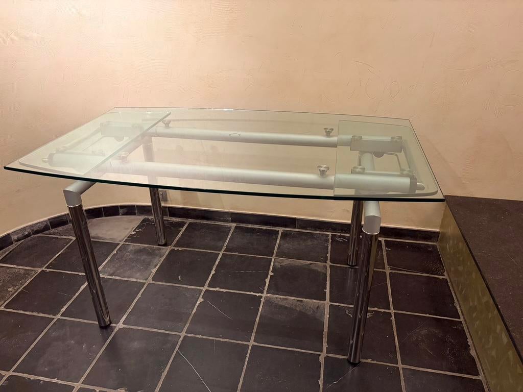 Glazen tafel met metalen onderstel, Huis en Inrichting, Tafels | Salontafels, Ophalen, Gebruikt, 100 tot 150 cm, 50 tot 100 cm