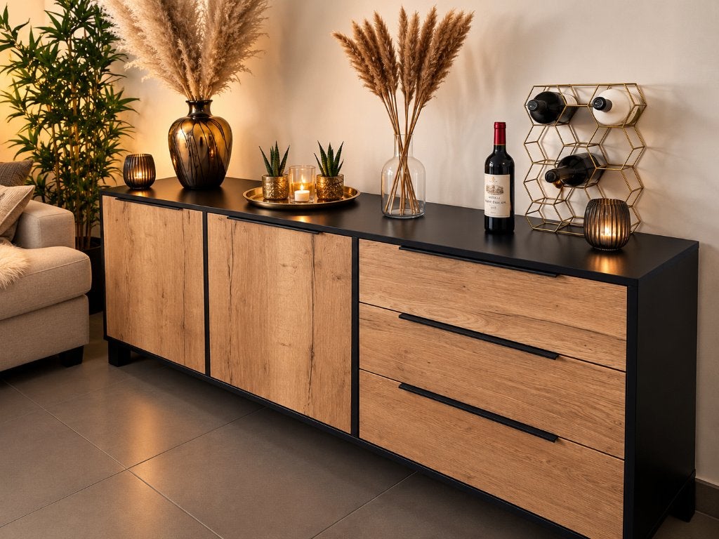 Modern dressoir – zwart met eikenlook, Ophalen, Zo goed als nieuw, Met lade(s)