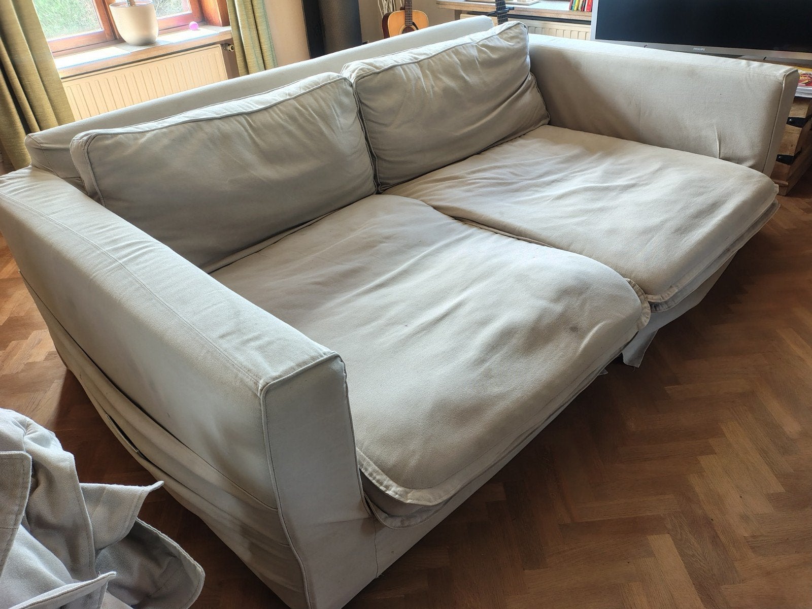 Grote beige zetel, zeer comfortabel, Ophalen, Gebruikt, 125 tot 150 cm, Rechte bank
