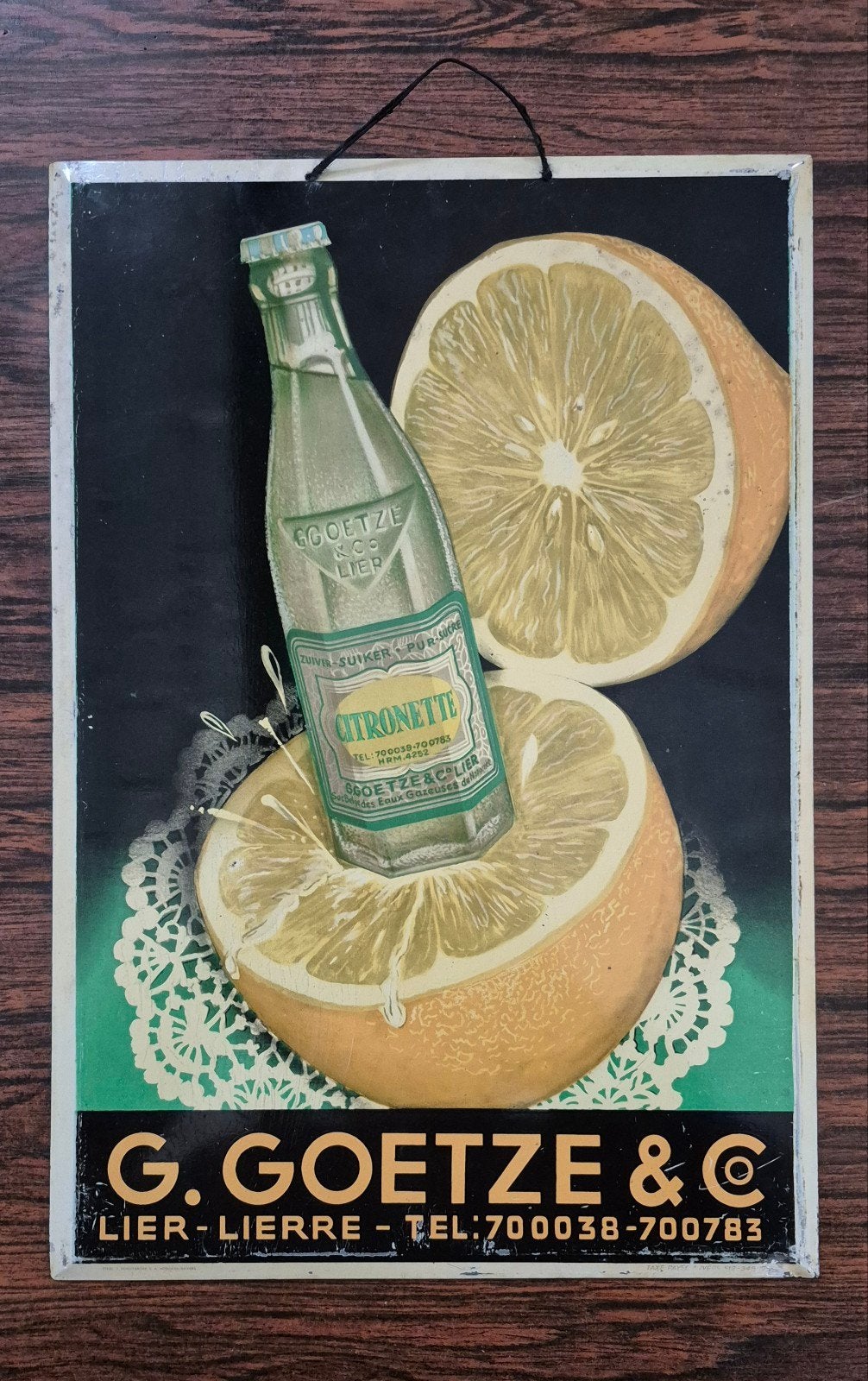Panneau en étain G.Goetze &co (citronnelle) - Lier., Enlèvement ou Envoi, Utilisé, Panneau publicitaire