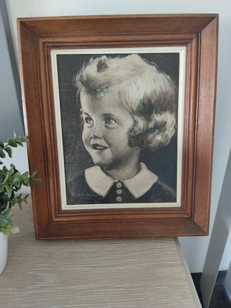 vintage houten kader, schilderij, geschilderd, Antiek en Kunst, Ophalen of Verzenden, Vintage, Gesigneerd, Portret of Personen