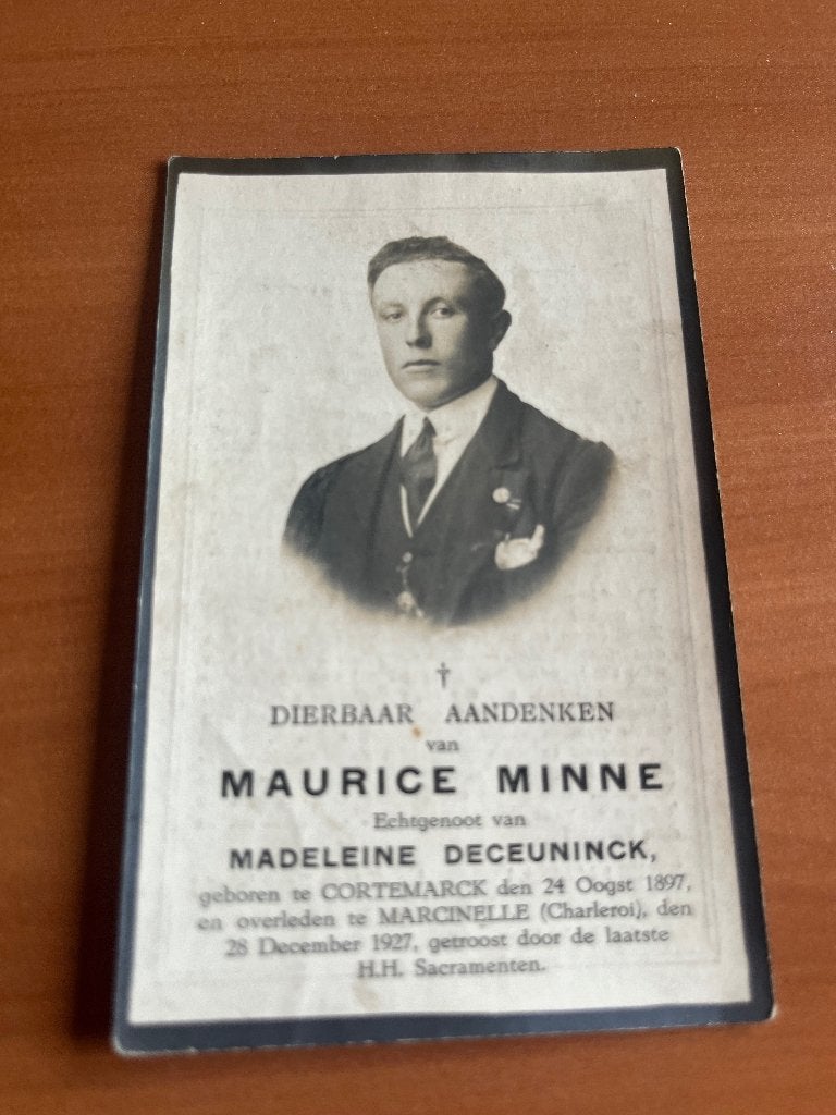 Rouwkaart M. Minne  Cortemarck 1897 + Marcinelle 1927, Envoi, Carte de condoléances