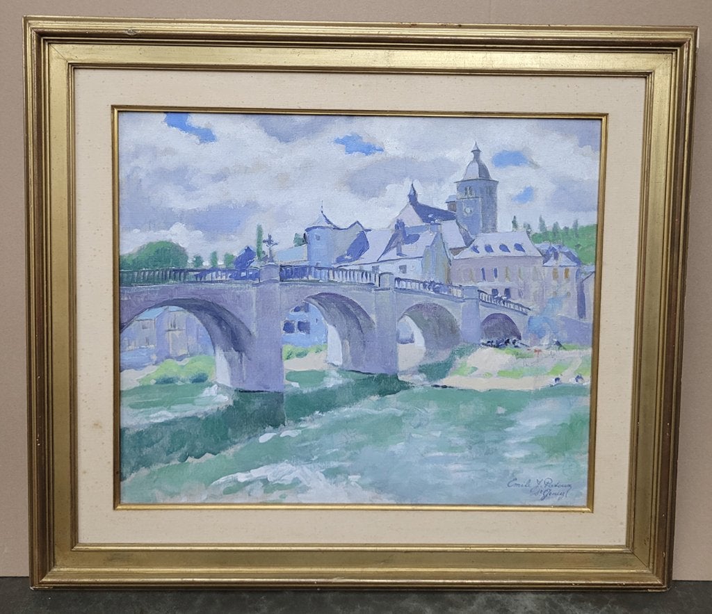 Emile PATOUX, de oude brug over de Lot te Saint-Géniez, Doek, Impressionistisch, Ophalen of Verzenden, Gesigneerd