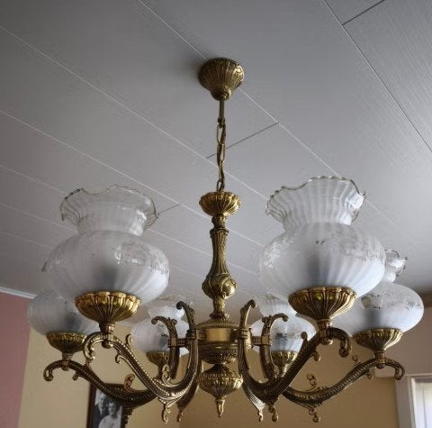 Kroonluchter met 6 melkglazen kappen, Enlèvement, Utilisé, Verre, E14 (petit)