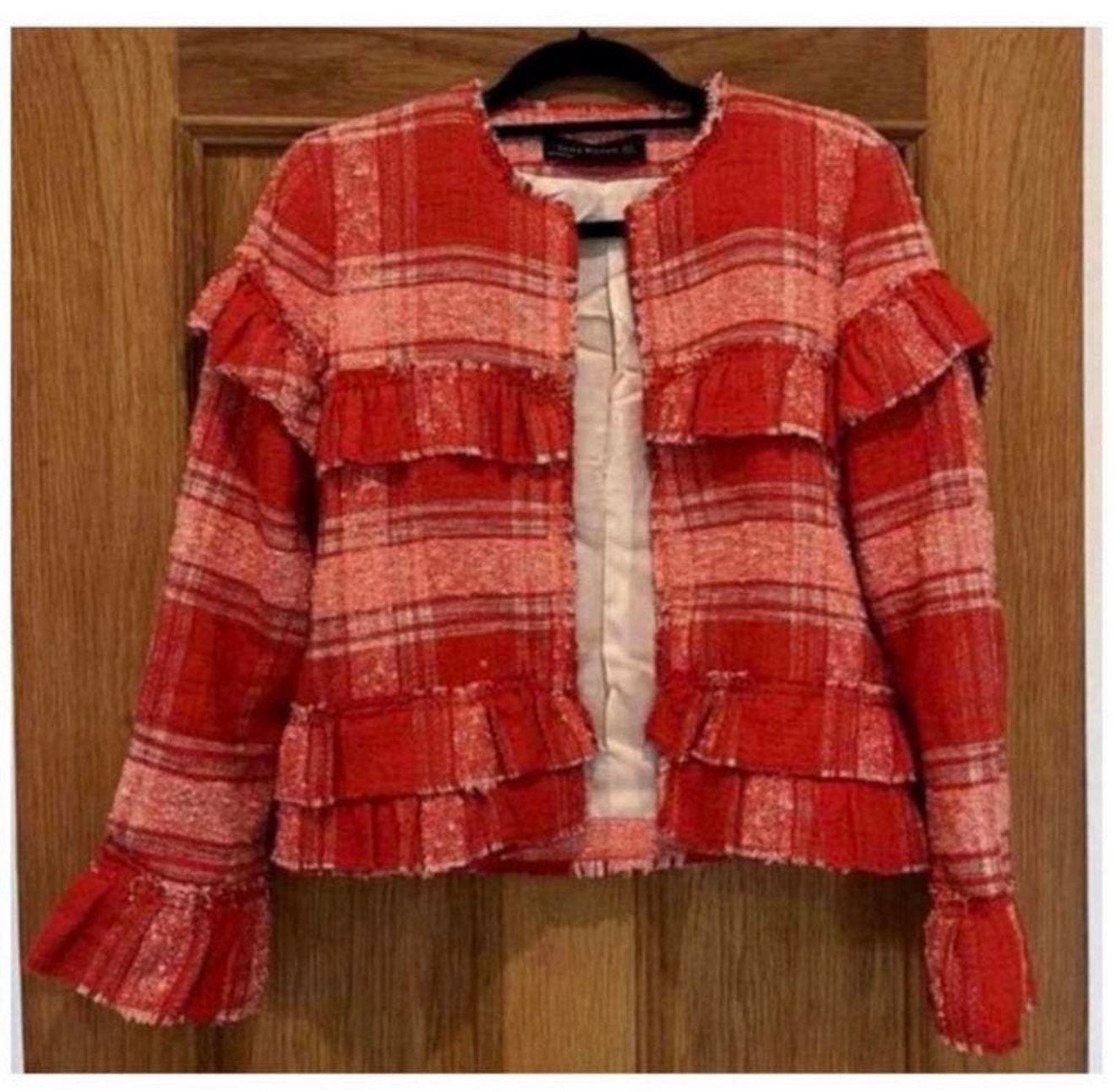 Zara Rood Geruit Freyed Zoom Gingham Blazer Jas Jack vest M, Ophalen of Verzenden, Zo goed als nieuw, Maat 38/40 (M), Rood