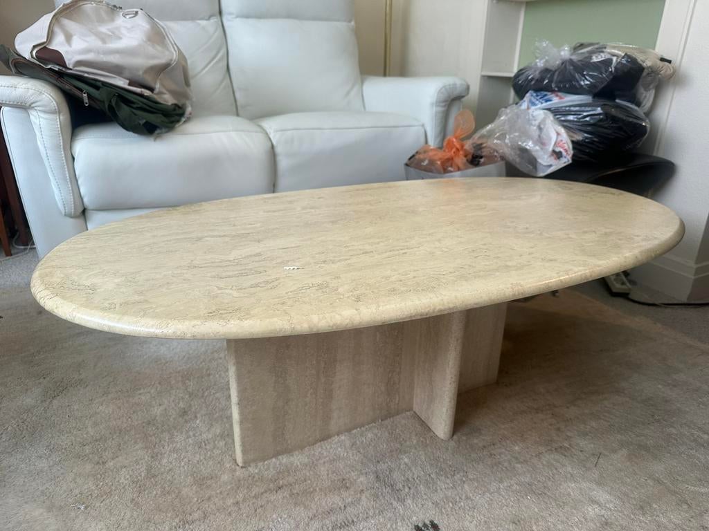 Vintage salontafel in travertijn Italiaansdesign  70s, Ophalen, Gebruikt, Ovaal