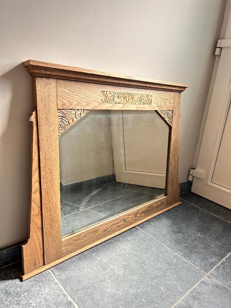 Antieke spiegel in eiken kader uit 1920, Ophalen, Rechthoekig, 100 tot 150 cm, Minder dan 100 cm