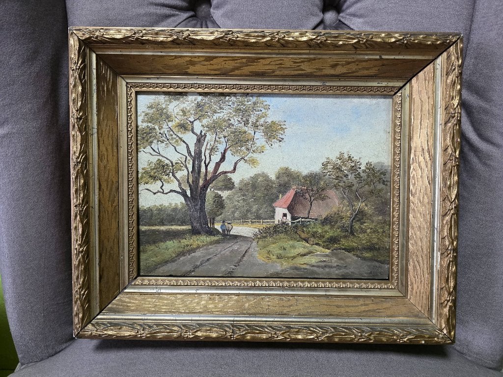 een antiek schilderij uit 1890 dateert., Antiek en Kunst, Ophalen, Paneel, Overige stijlen, Bijzondere lijst