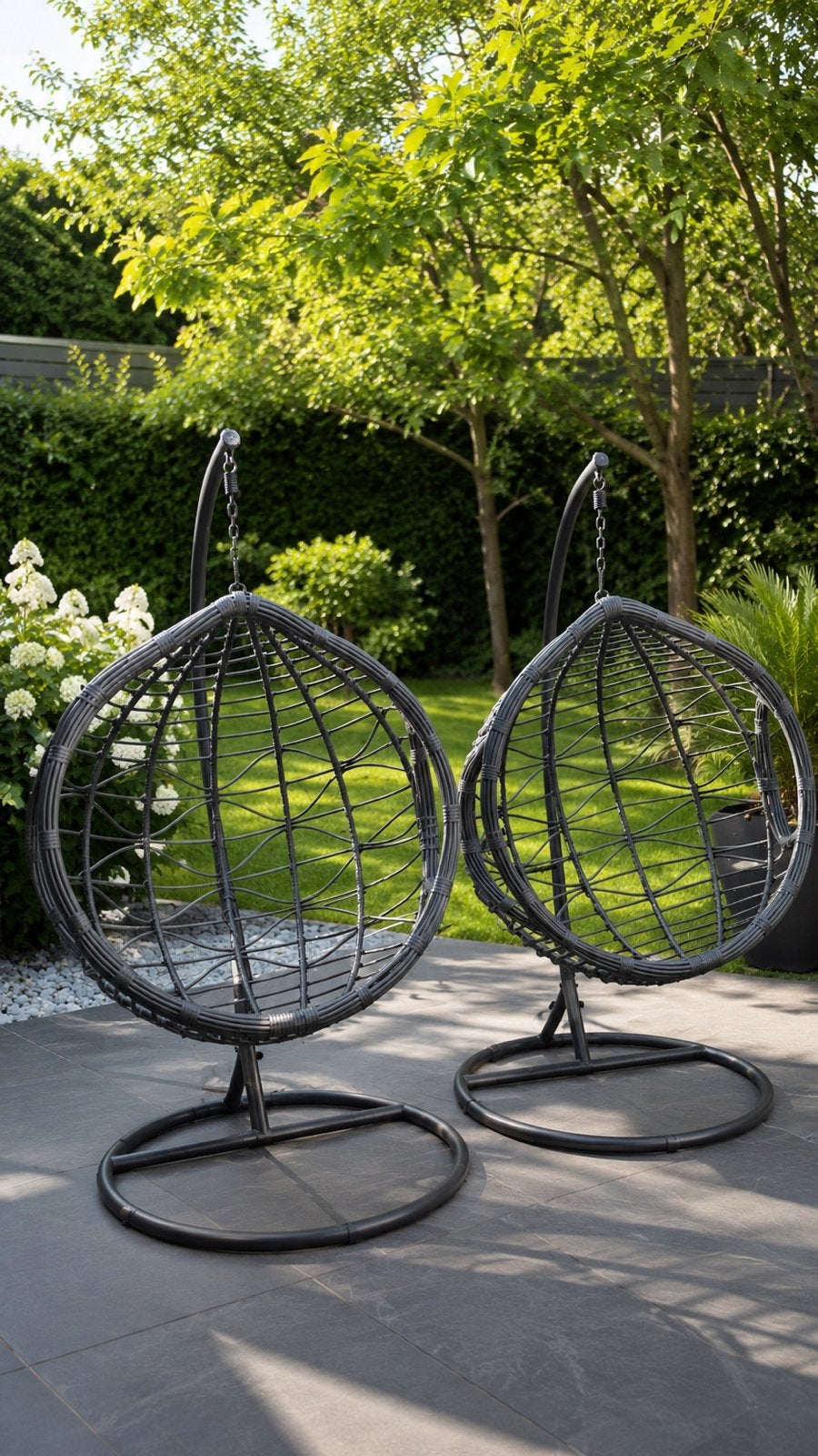 2 stevige hangstoelen egg chairs met standaard tuin & terras, Enlèvement, Utilisé