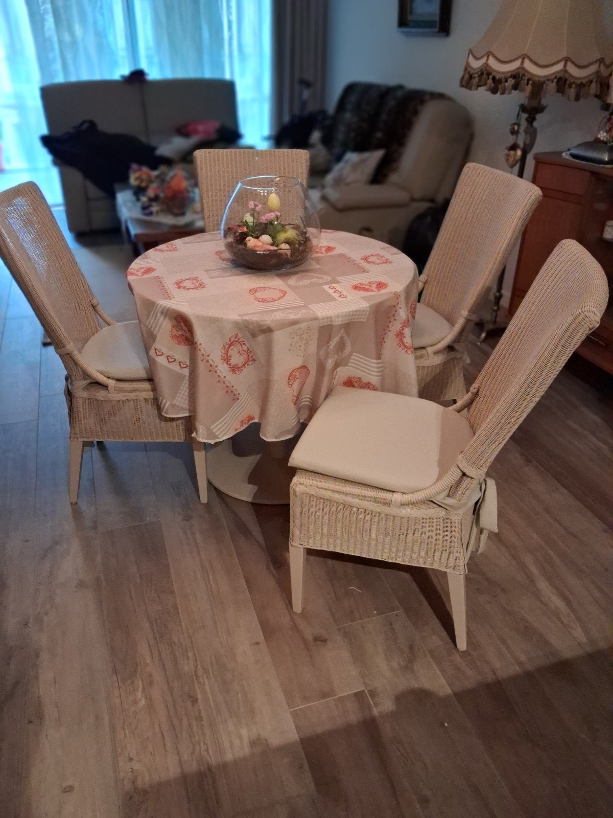 ronde tafel met 4 rotan stoelen, Ophalen, Gebruikt, Wit, Riet of Rotan