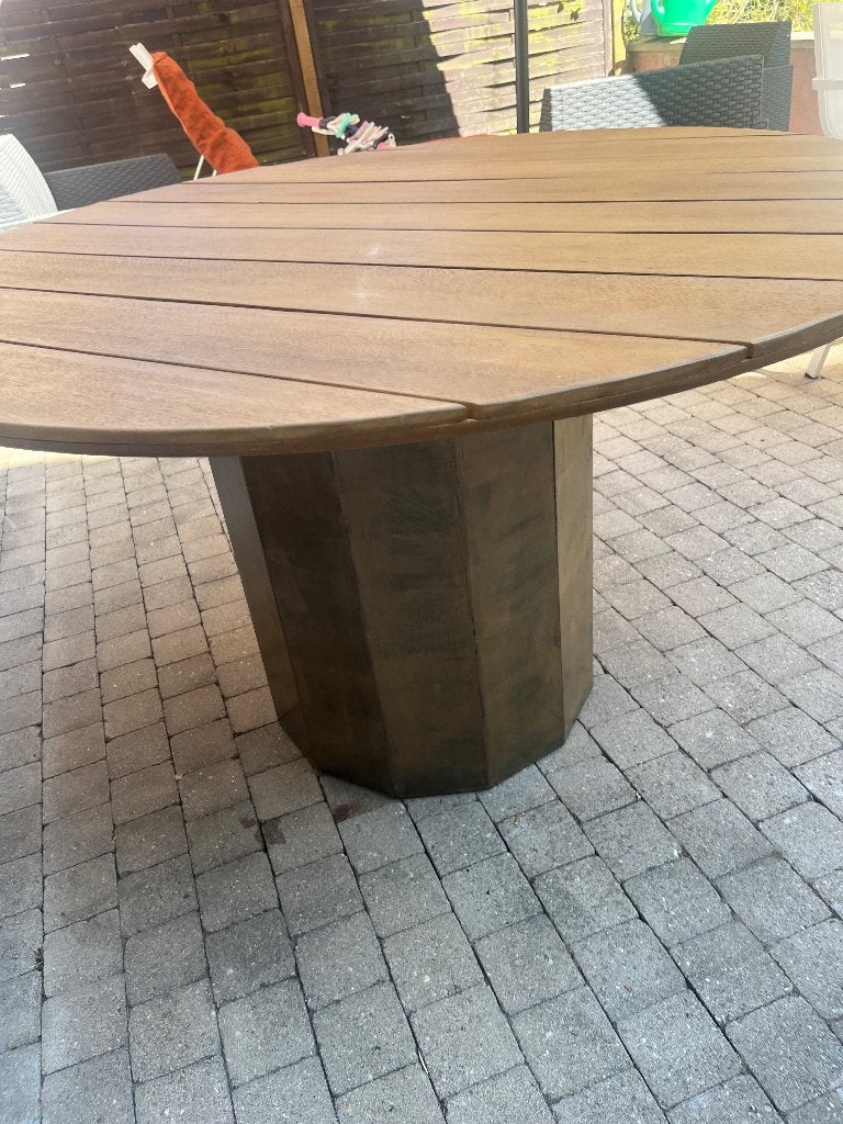 Table de jardin Decorama en teck avec pied tonneau Ø 120 cm, Enlèvement, Comme neuf, Rond, Bois