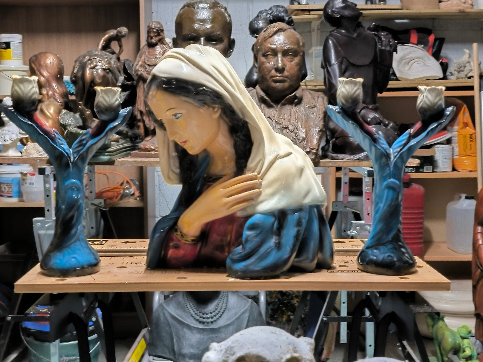 Maria met kandelaars gips, Antiek en Kunst, Antiek | Religieuze voorwerpen, Ophalen