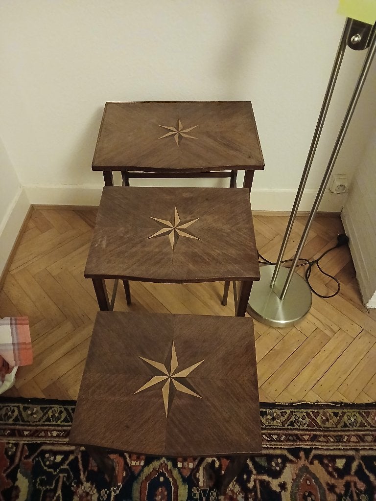 Ensemble de 3 tables gigognes vintage en marqueterie Étoile, Antiquités & Art, Enlèvement
