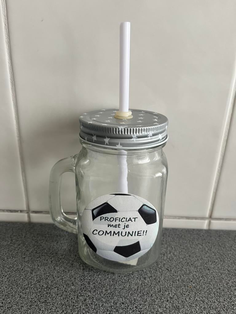 Glazen drinkbeker met rietje ‘communie’, Verzamelen, Ophalen of Verzenden