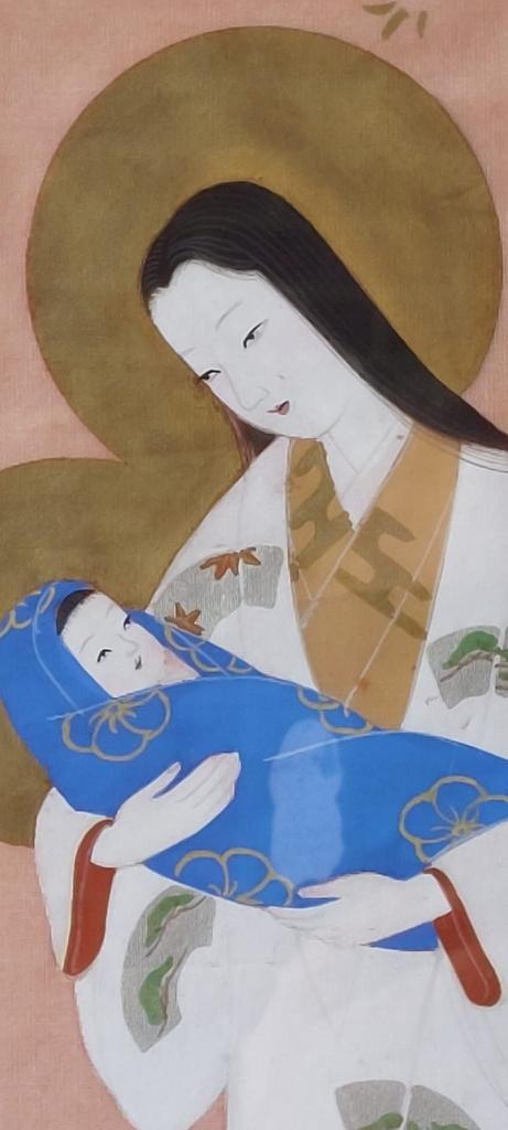 Antiek lijst japan/madonna en kind op zijde geschilderd, Antiek en Kunst, Ophalen of Verzenden