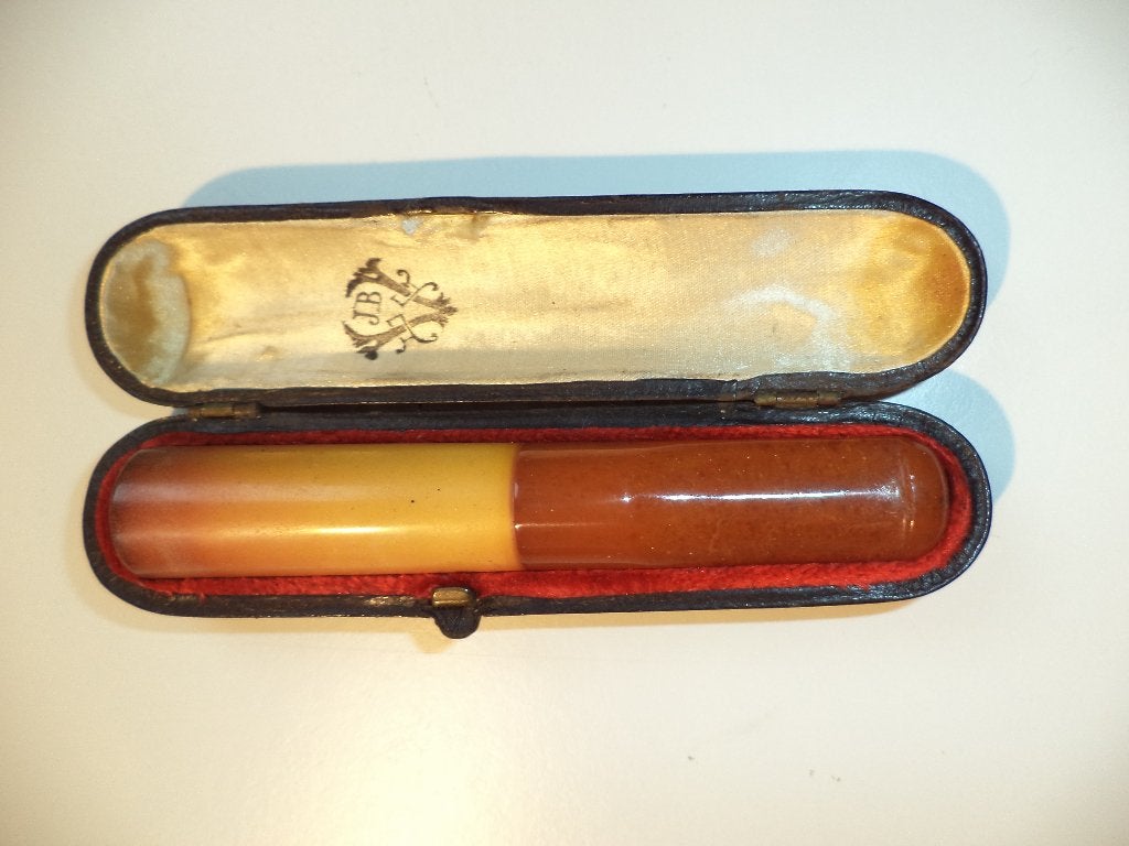 sigaret opzetstuk art deco amber verlengstuk leder etui BXL, Ophalen of Verzenden