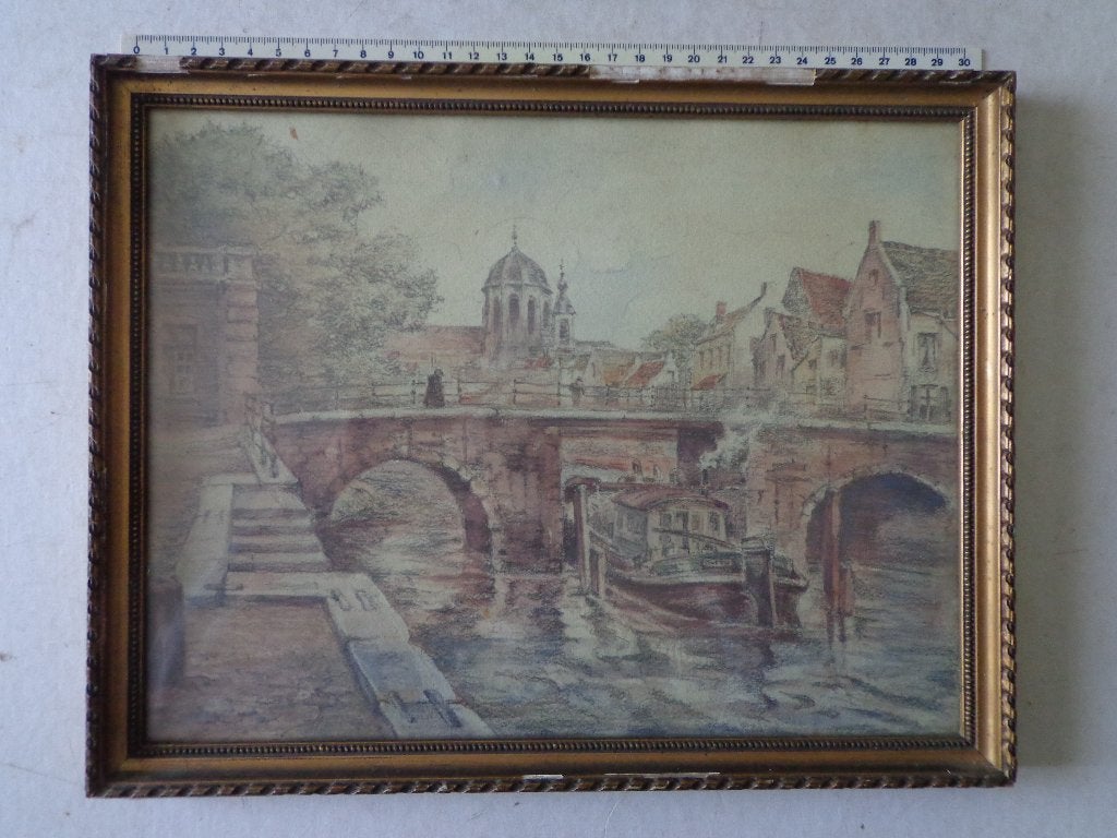 mooie aquarel Mechelen brug met OLV Hanswijkkerk, Ophalen of Verzenden, Achter glas, Aquarel