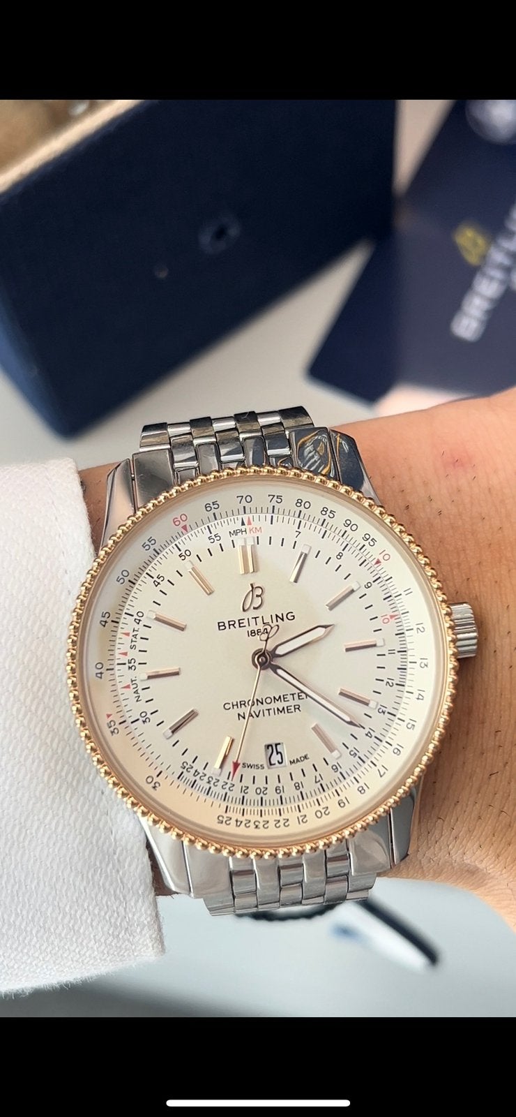 41 mm Breitling Navitimer tweekleurig met 18k goud, Ophalen, Staal, Breitling, Polshorloge