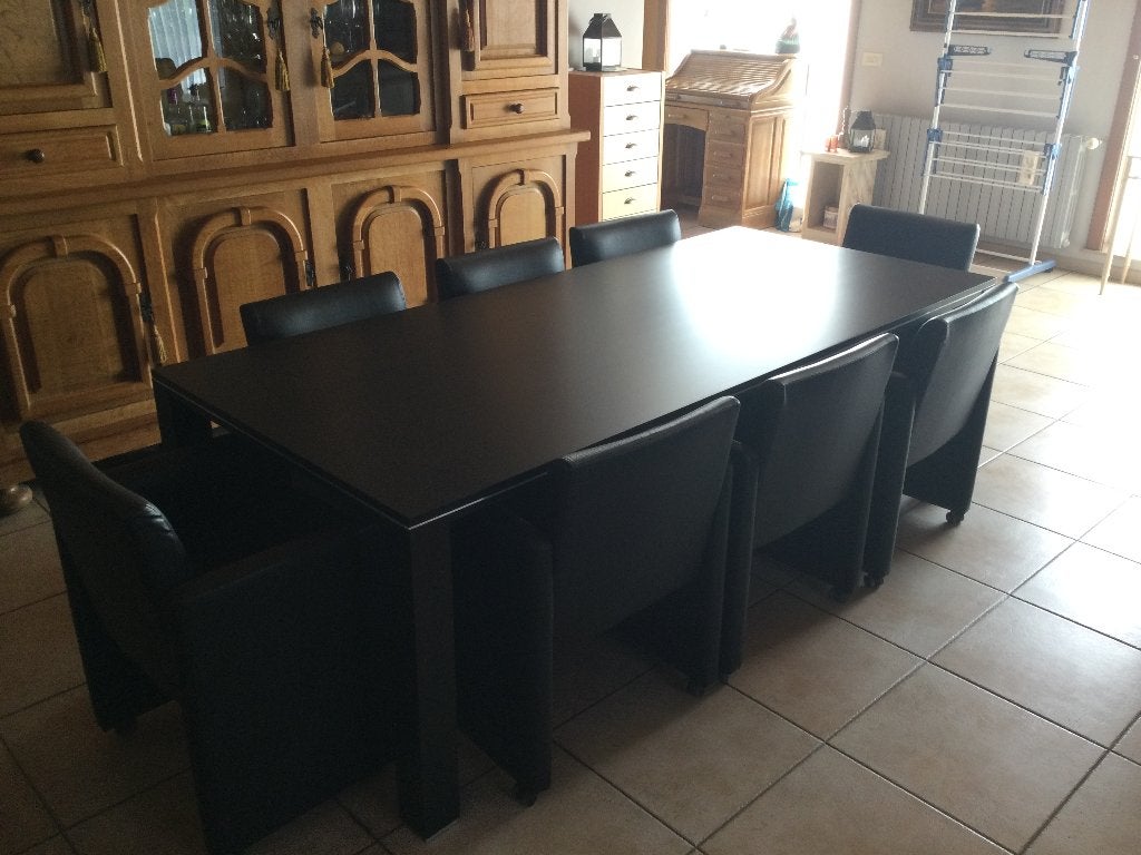 zwarte tafel en 8 zwarte stoelen (zeteltjes), Ophalen, 100 tot 150 cm, Klassiek, 200 cm of meer