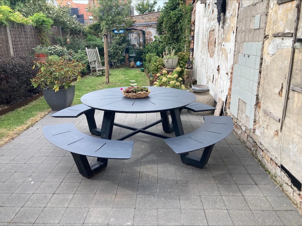 Rondino Bristol tuintafel met vaste banken voor 12 personen, Tuin en Terras, Ophalen, Gebruikt, Rond, Metaal