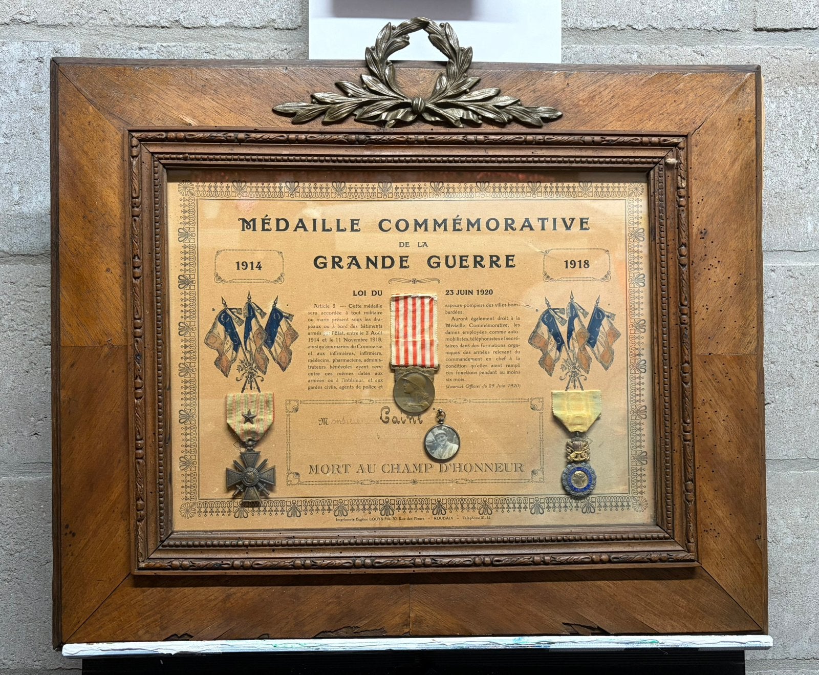 Kader met Franse diploma en 3 medailles, Ophalen of Verzenden, Landmacht, Lintje, Medaille of Wings