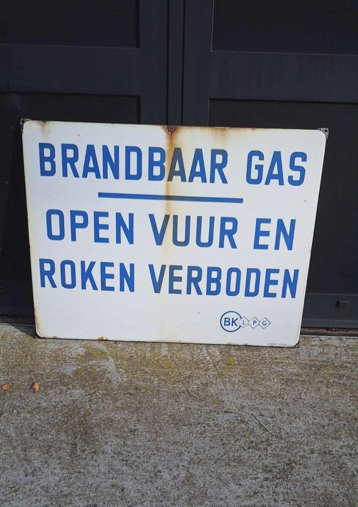 Emaille tekstbord, verbodsbord Brandbaar Gas, Langcat Bussum, Verzamelen, Merken en Reclamevoorwerpen, Gebruikt, Reclamebord, Ophalen of Verzenden
