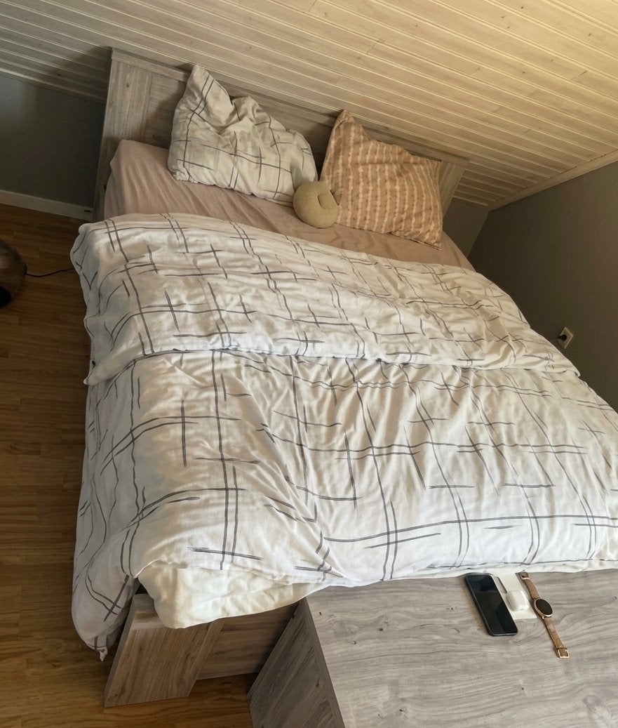 Houten 2persoons bed + 2 lattenbodems, Huis en Inrichting, Ophalen, Tweepersoons, 200 cm, Grijs