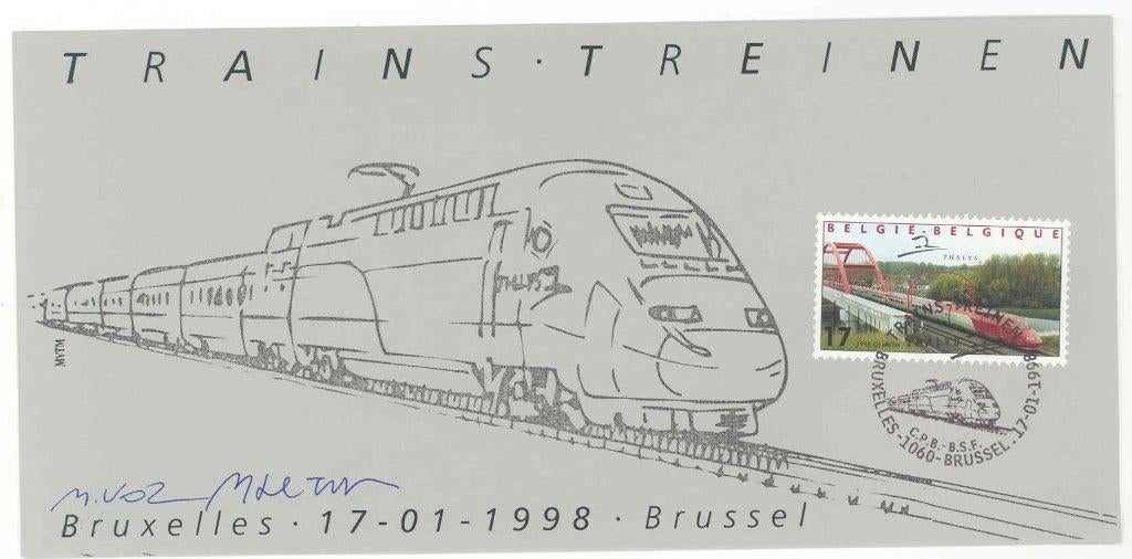 België Souvenirkaart 1998 Thalys trein getekend ontwerpers, Oblitéré, Enlèvement ou Envoi, Trains, Affranchi