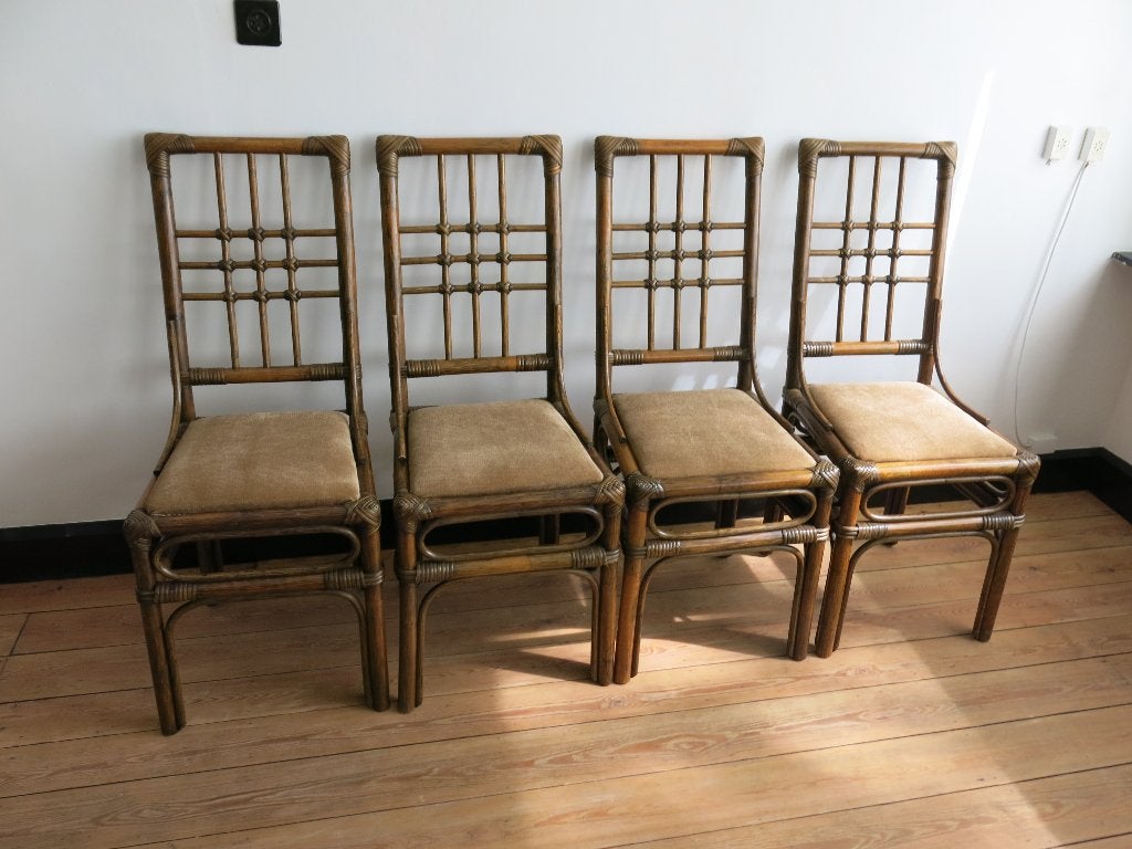 Set van vier rotan stoelen, Huis en Inrichting, Stoelen, Ophalen, Bruin, Riet of Rotan, Zo goed als nieuw