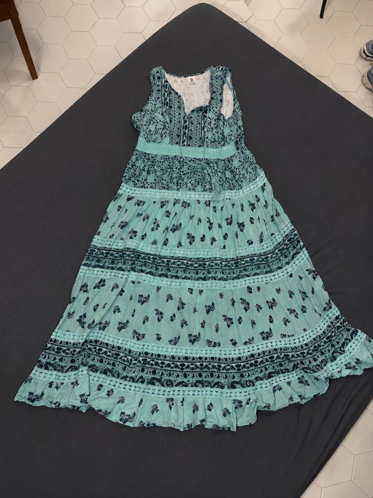 Robe bohème longue vert d’eau imprimée fleurs – sans manches, Galajurk, Maat 42/44 (L), Ophalen of Verzenden, Gedragen