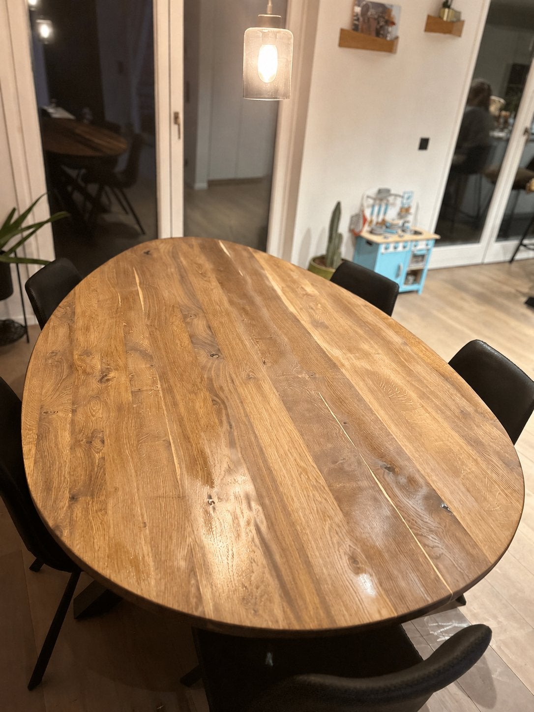 Massief eikenhouten design eettafel, Huis en Inrichting, Ophalen, Gebruikt, Eikenhout, 200 cm of meer