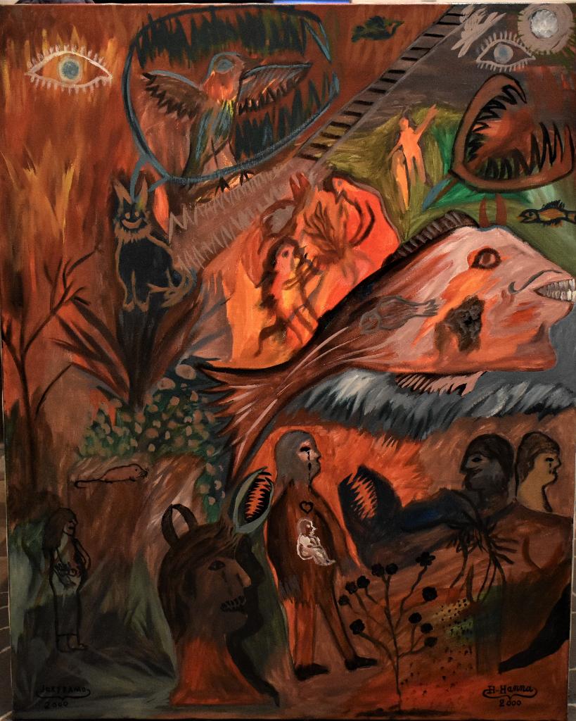 Slecht en goed origineel abstract schilderij van joky kamo, Antiek en Kunst, Ophalen, Olieverf, Abstract