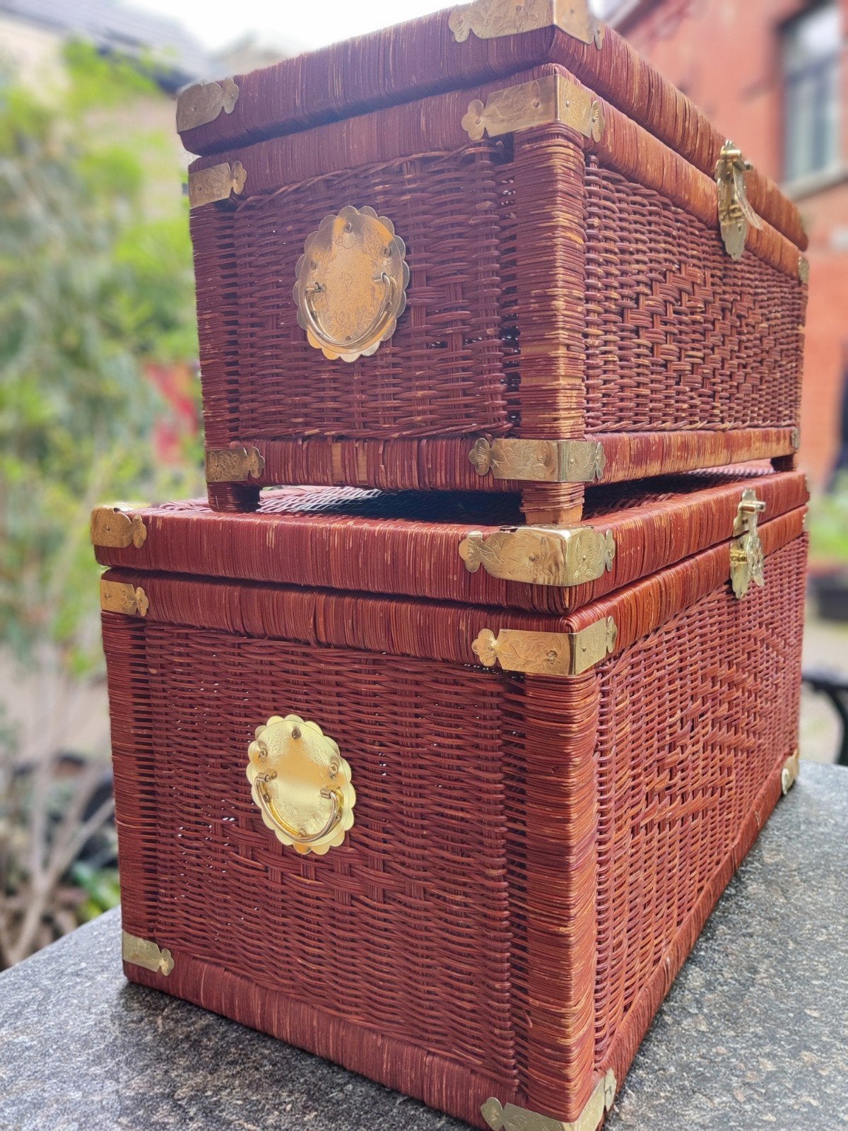 2 Rieten manden / Chinese deken kisten. Vintage boho, Ophalen, 50 – 75, Minder dan 50 cm, Gebruikt