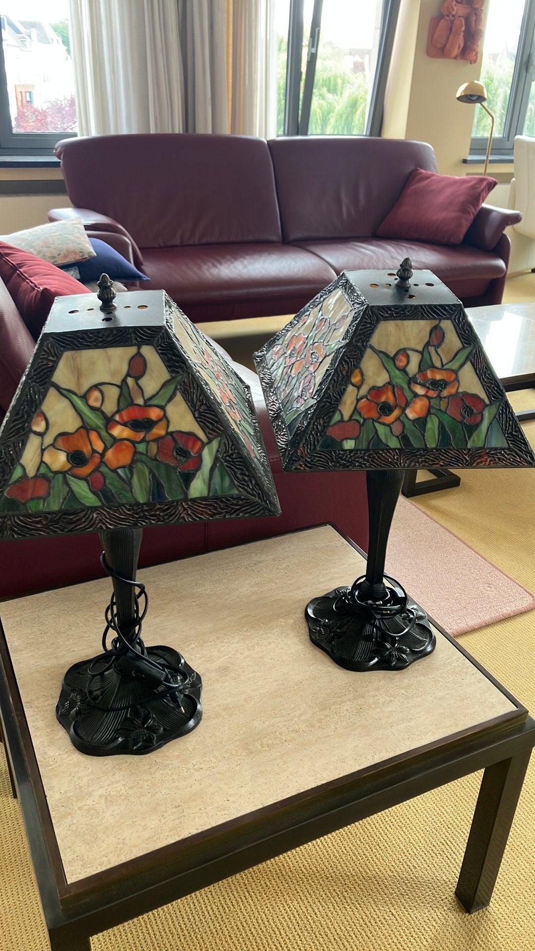 Set Tiffany-style tafellampen gietijzeren voet, Ophalen, Vintage, Oranje, Handgemaakt