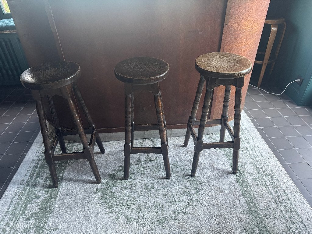 3 barkrukken vintage hout, Ophalen, Gebruikt, Met voetsteun, 60 tot 90 cm