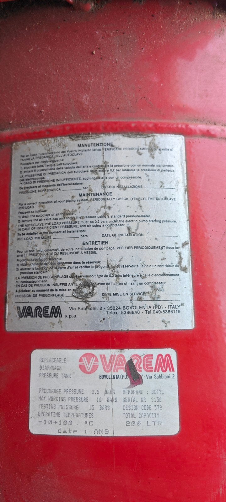 Varem hydrofoor drukvat / membraanvat 200 liter – 10 bar, Ophalen