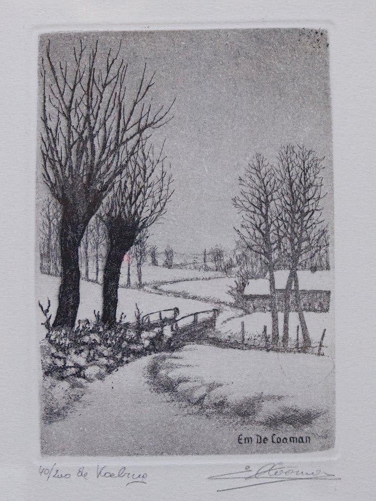 Ets Emiel De Cooman — « Le pont aux vaches », Antiquités & Art, Eau-forte, 26 cm, 1950 - 1999, Paysage