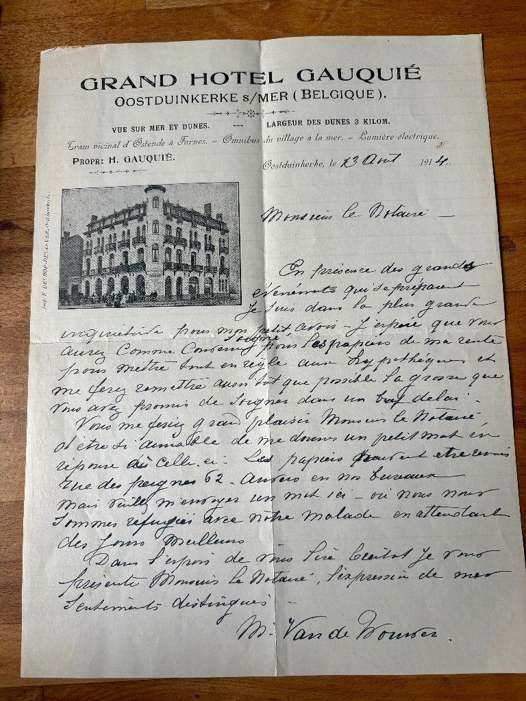 Lettre au Grand Hotel Gauquie Oostduinkerke s/mer 1914, Enlèvement ou Envoi, Lettre