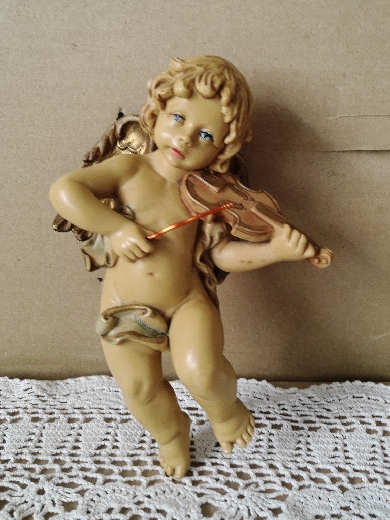Statue murale vintage ange + violon Simonelli Fontanini 15cm, Enlèvement ou Envoi, Utilisé, Image, Christianisme | Catholique