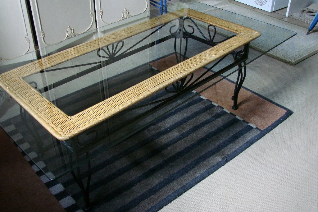 salontafel: smeedijzer, rotan glas, Ophalen, Gebruikt, Glas, Smeedijzer rotan