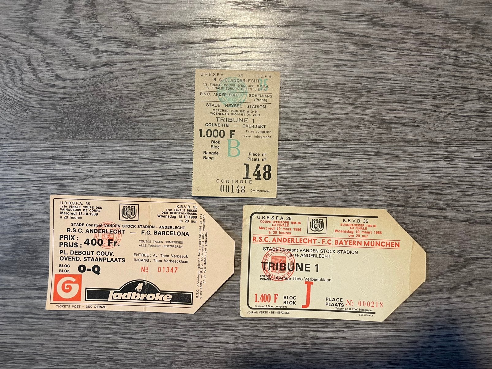 Vintage voetbaltickets anderlecht bayern munchen barca, Ophalen of Verzenden
