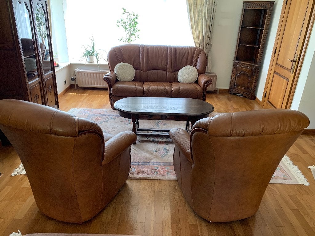 Lederen salon, Maison & Meubles, Canapés | Coins salons complets, Comme neuf, Bois, Cuir, Enlèvement
