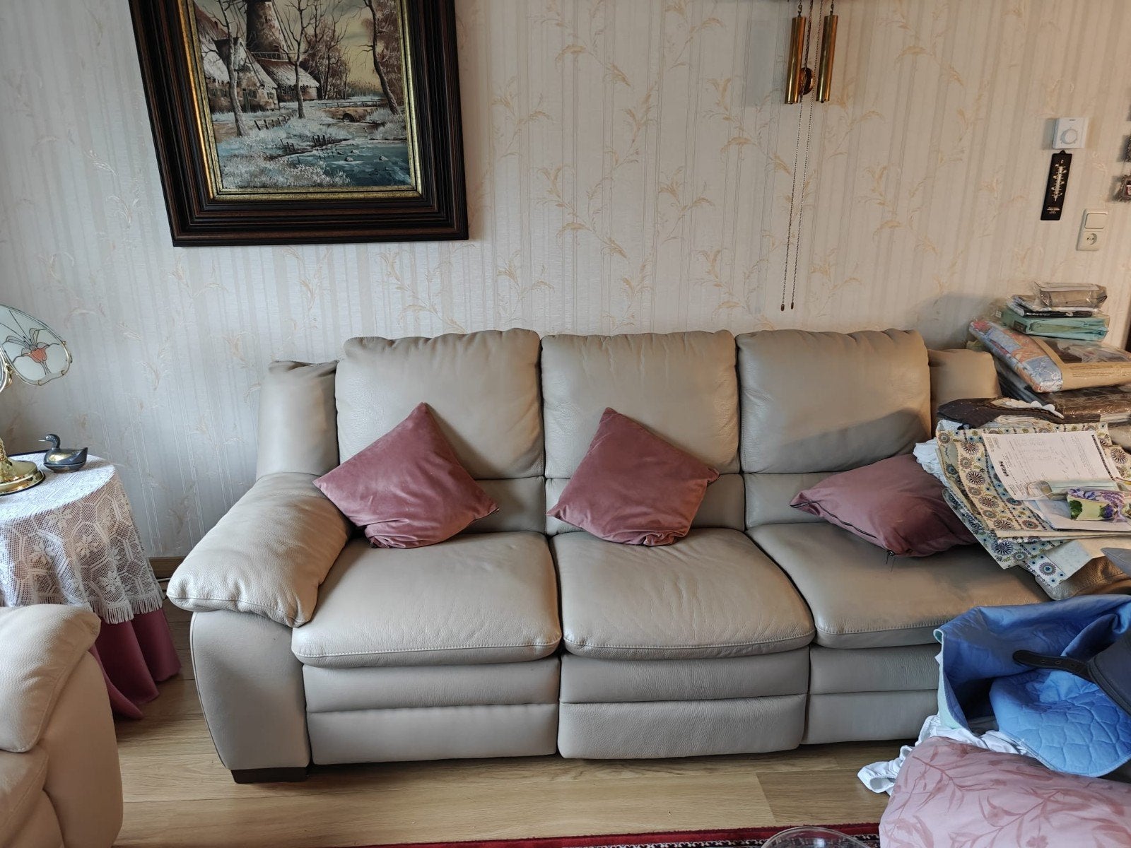 Comfortabel beige lederen salon (2-zit + 3-zit), Enlèvement, Utilisé, Cuir