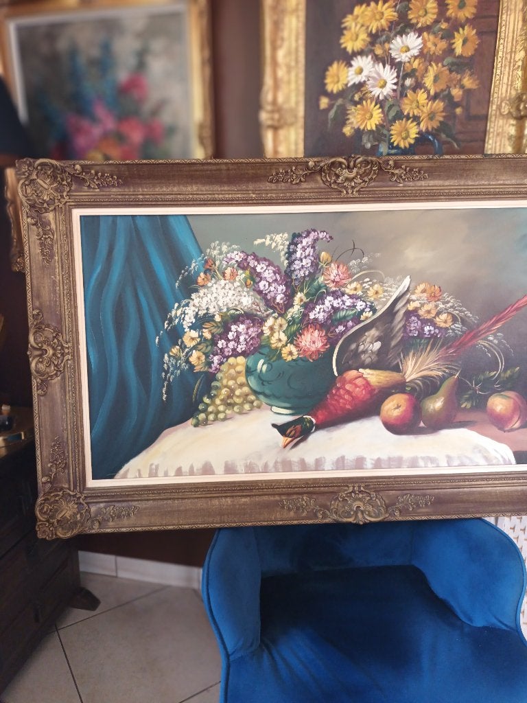 Schilderij bloemen , groot , zeer mooi., Doek, Gesigneerd, Olieverf, Klassiek