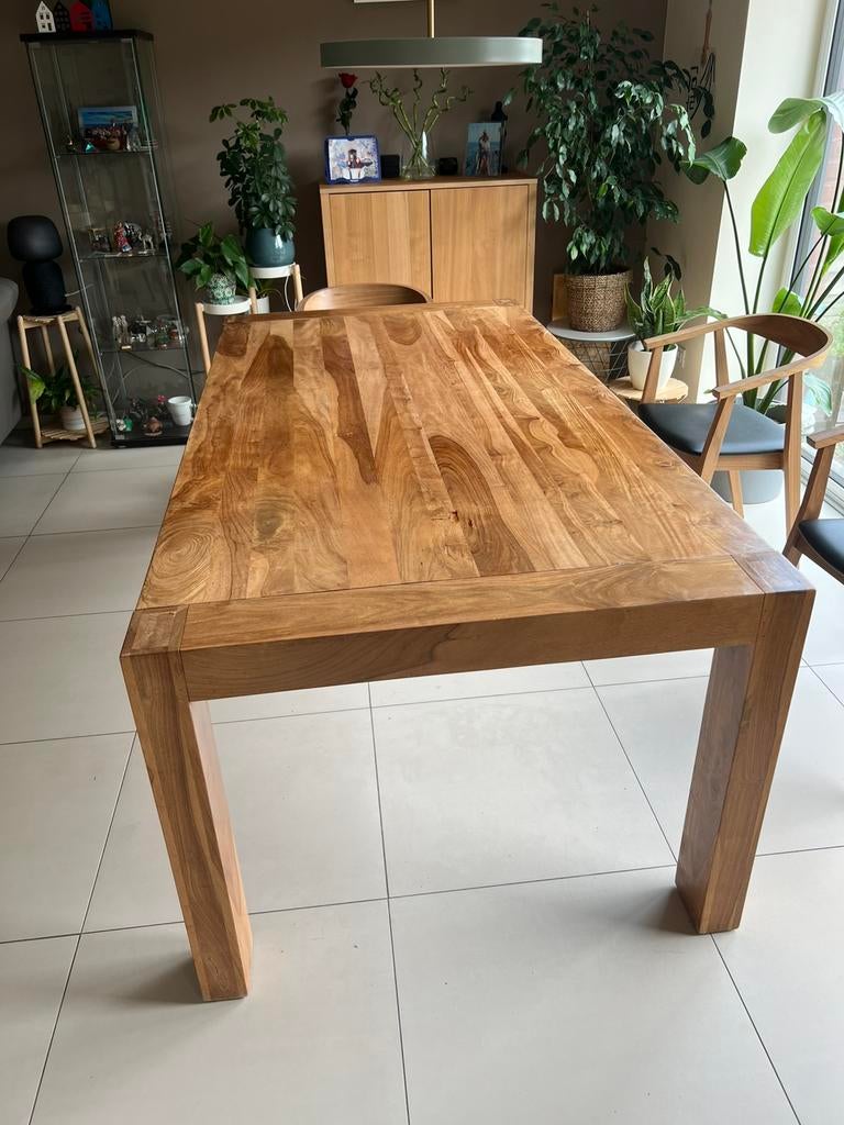 Massief sheeshamhouten eettafel + zitbank, Huis en Inrichting, Ophalen, Vierkant, 200 cm of meer, 50 tot 100 cm