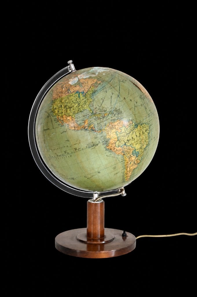 Mid Century glazen bol houten voet 1940 / 50 - Vintage Globe, Enlèvement, Utilisé