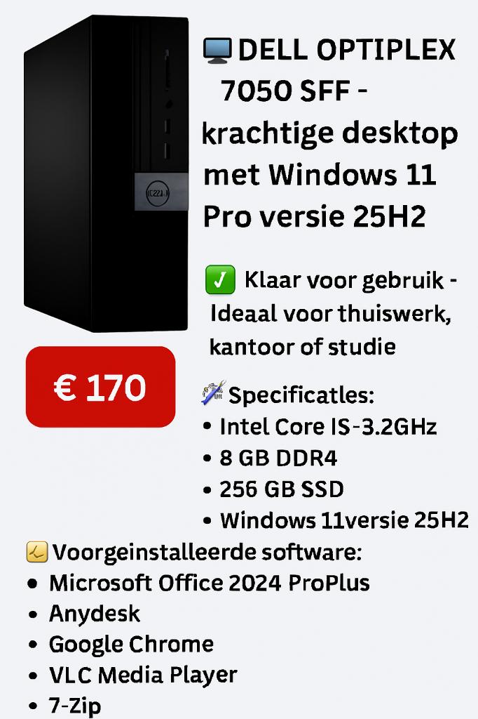 Dell Optiplex 7050 Small Form Factor, Computers en Software, Desktop Pc's, Ophalen, 256 GB, 8 GB, Refurbished